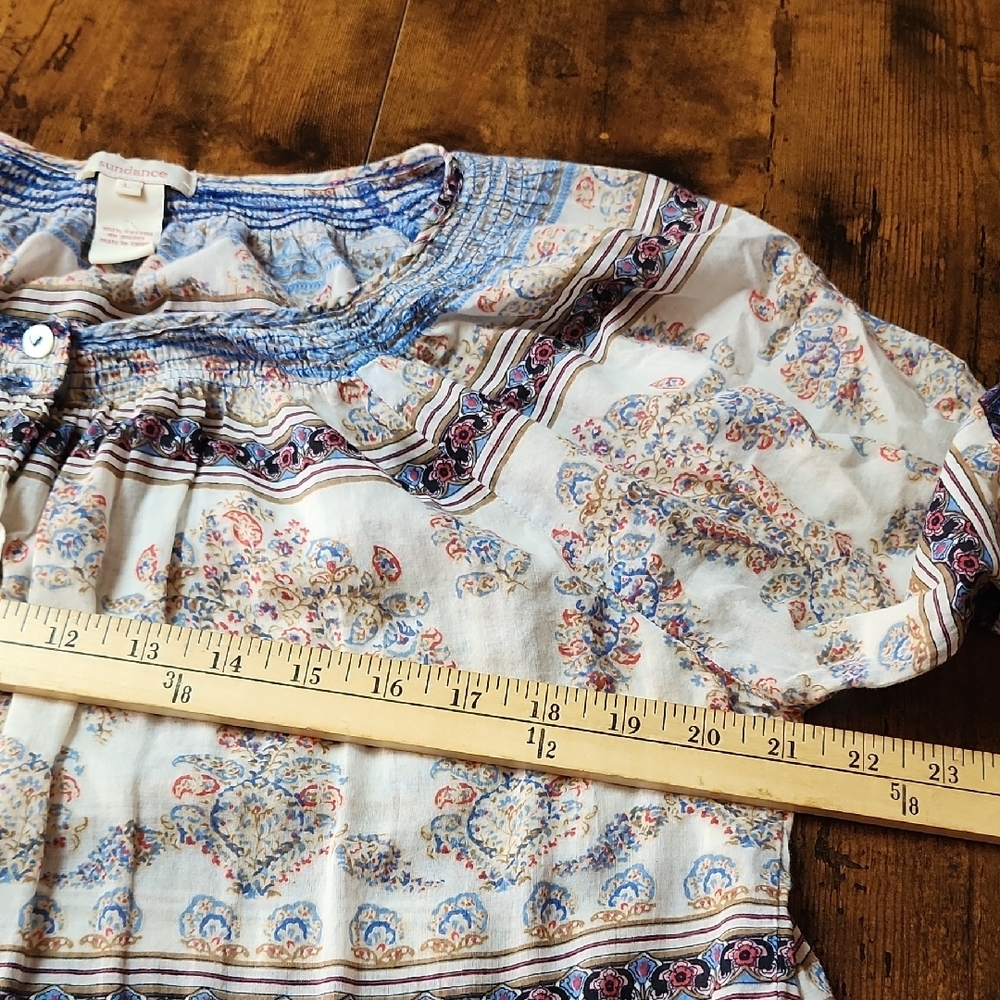SUNDANCE | Multicolor Paisley Boho Semi-Sheer Cotton Floral Button Blouse | L - Picture 5 of 13